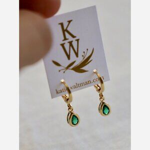 May Birthstone Huggie Earrings – Emerald Teardrop Charm on Gold Plated Hoops